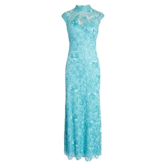 TADASHI SHOJI Embroidered Sheer Lace Mock Neck Gown Aqua 2 NEW - Picture 6 of 13